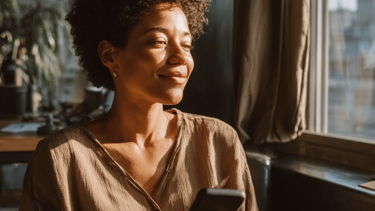 Mulher madura (acima de 40 anos), sorrindo e usando notebook ou smartphone, em ambiente de trabalho ou home office moderno.