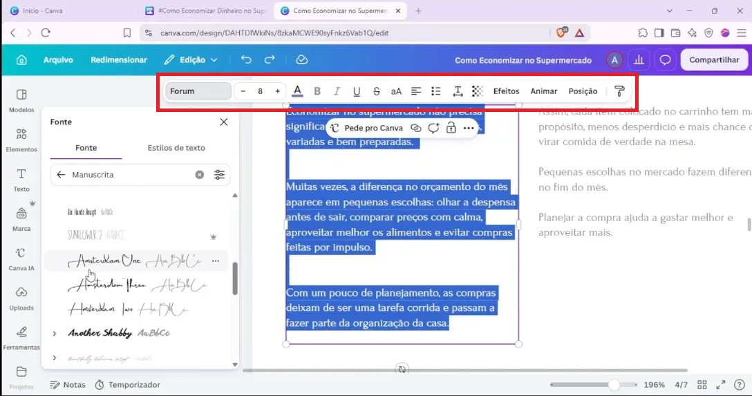 menu de edição de texto do canva