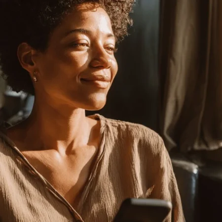 Mulher madura (acima de 40 anos), sorrindo e usando notebook ou smartphone, em ambiente de trabalho ou home office moderno.