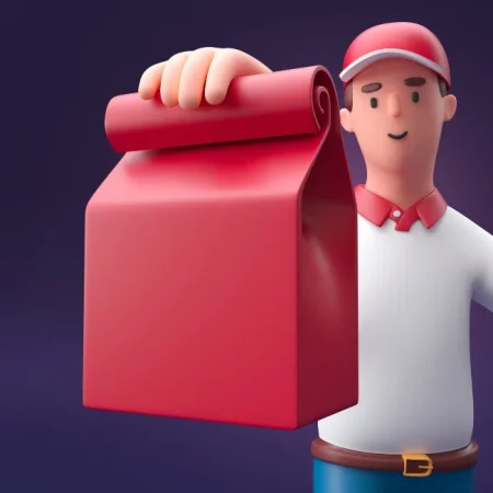 Personagem de um entregador de comida feito de massinha de modelar, utilizando uma camiseta polo branca com golas vermelhas, um chapéu vermelho e calças jeans. Em sua está um pacote vermelho simbolizando a entrega.